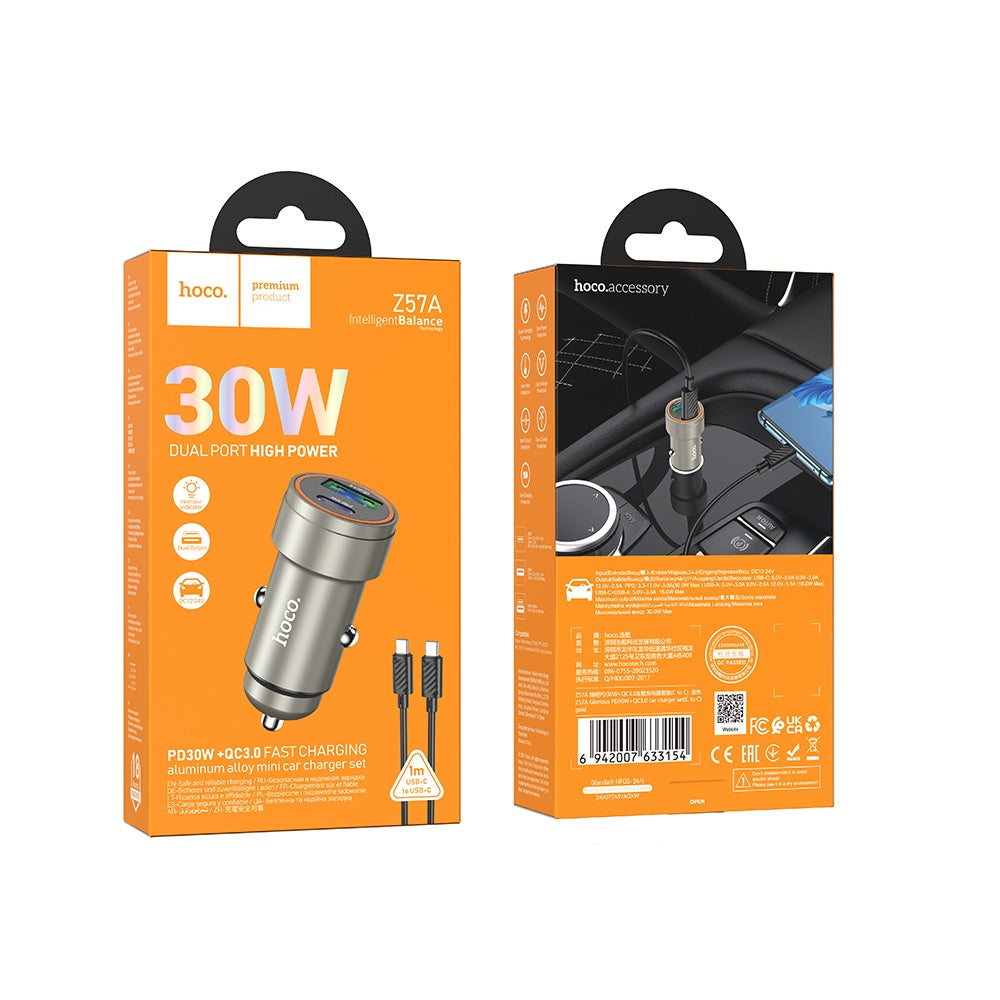 Cargador para auto Hoco Z57A PD30W QC3.0 Cable Tipo C a C Gris