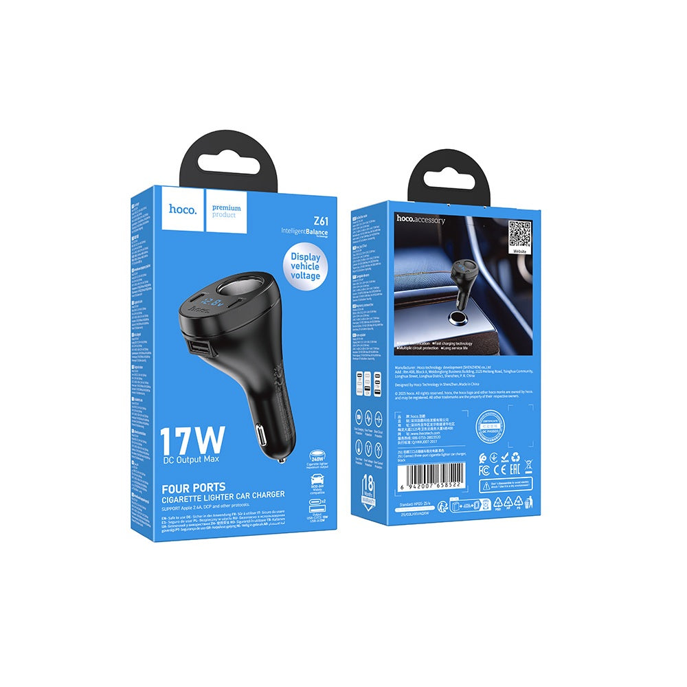 Cargador para auto Hoco Z61 Tres Puertos USB C Negro