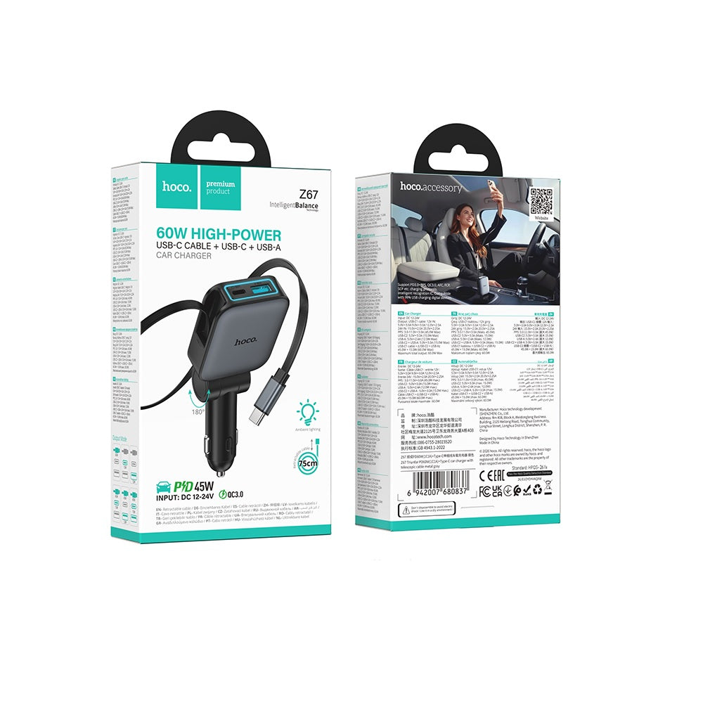 Cargador para auto Hoco Z67 Cable Retractil PD60W Negro