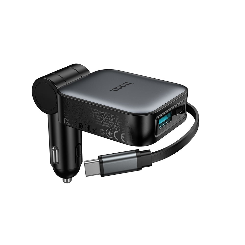 Cargador para auto Hoco Z67 Cable Retractil PD60W Negro