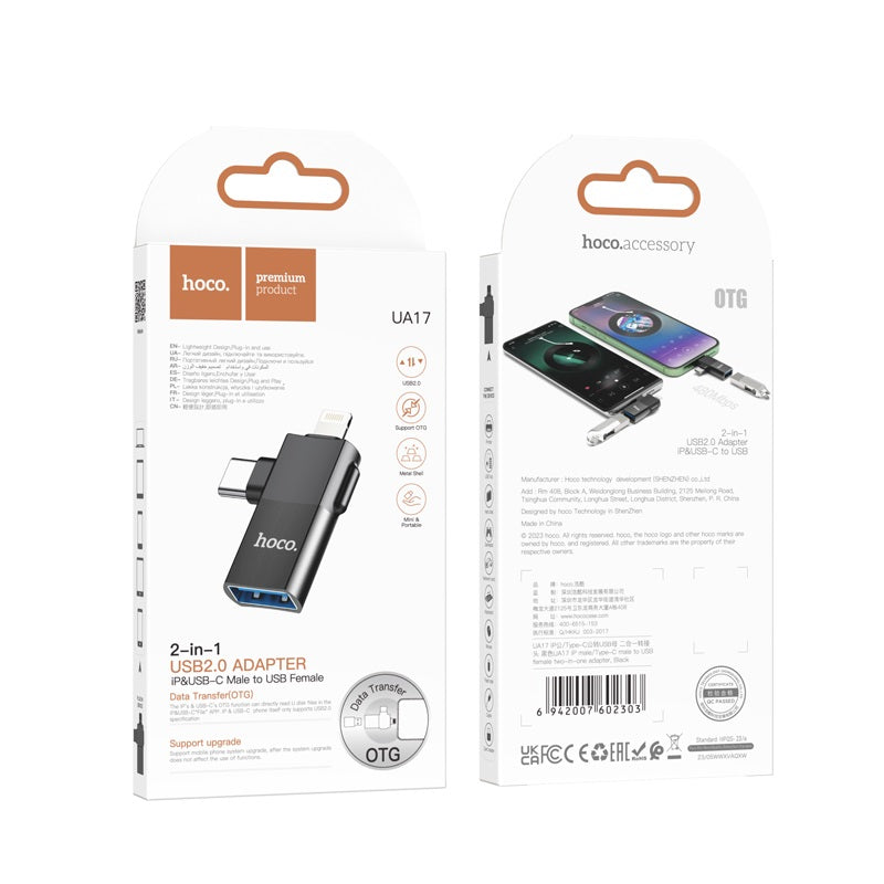 Adaptador Hoco UA17 2 en 1 iP y Tipo-C Macho a USB Hembra Negro
