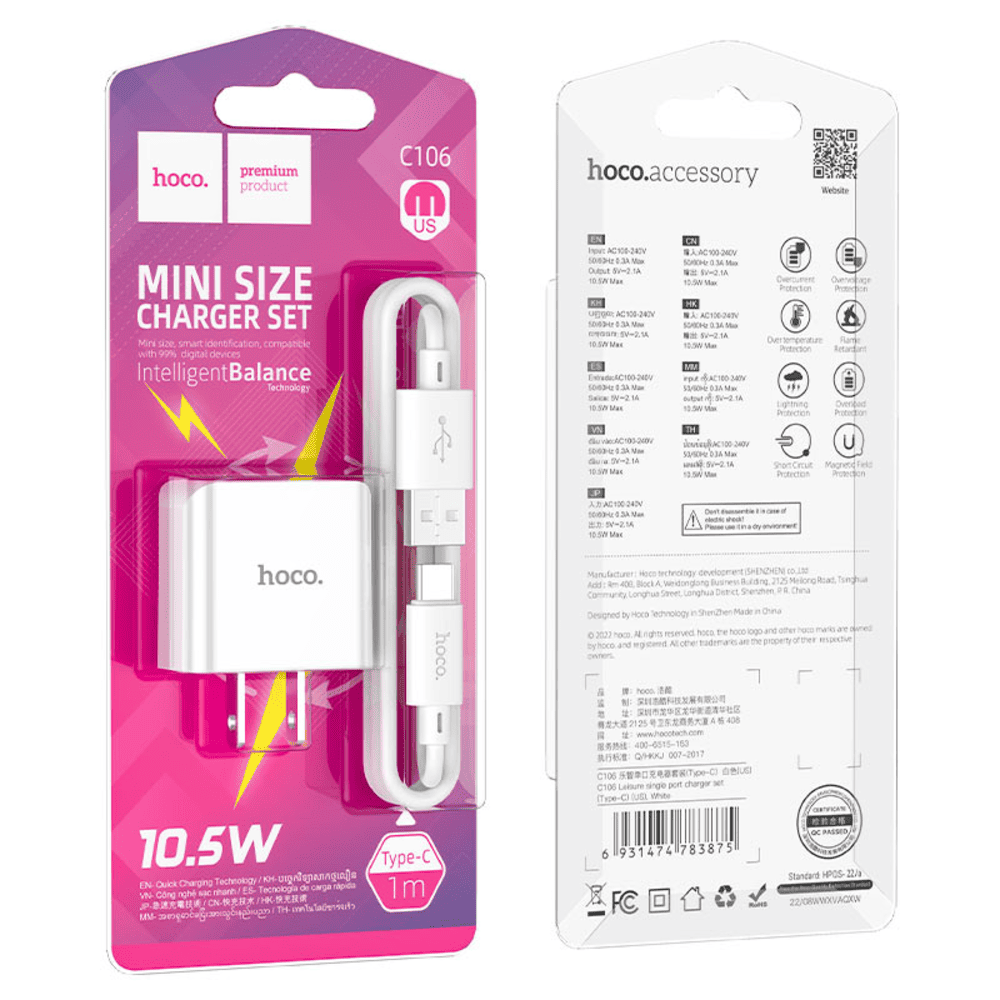 Cargador Hoco C106 Leisure Cable USB Tipo C 10.5W Blanco