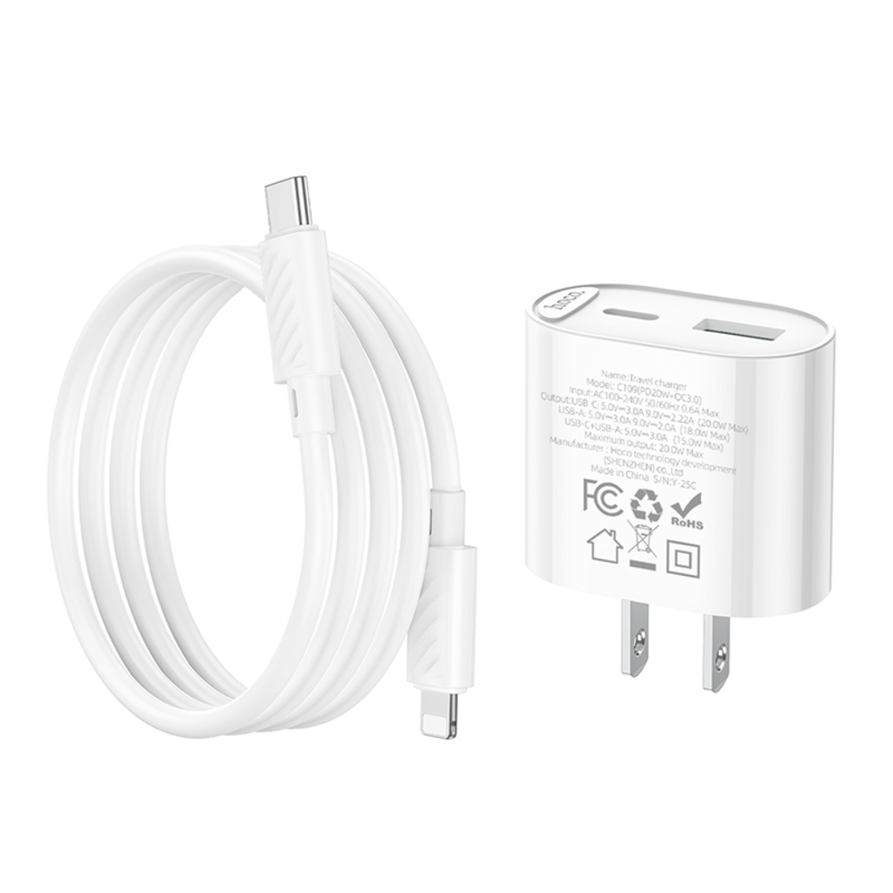 Cargador Hoco C109 PD20W QC3.0 Cable Tipo C a iP Blanco