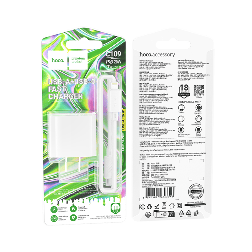 Cargador Hoco C109 PD20W QC3.0 Cable Tipo C a iP Blanco