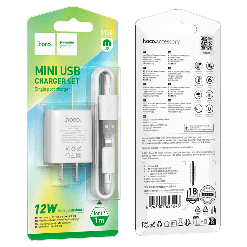 Cargador Hoco C134 Solid Cable Para iP 12W Blanco