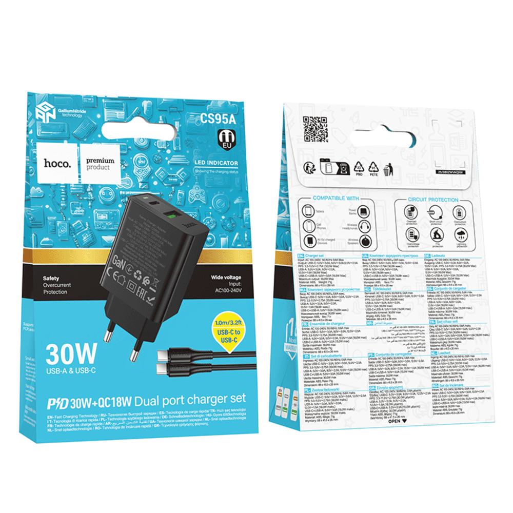 Cargador Hoco CS95 PD30W QC3.0 Cable Tipo C a Tipo C Blanco