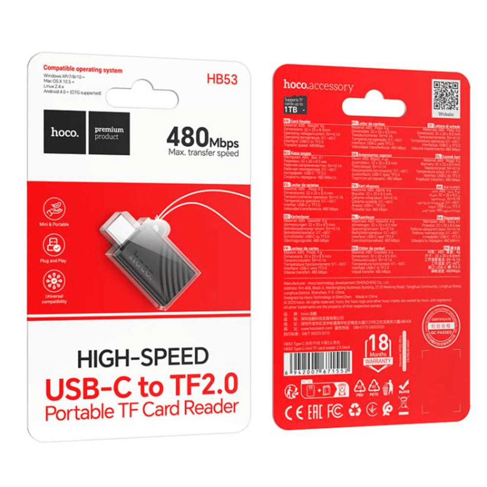 Lector Tarjetas Hoco HB53 Tipo-C Mini MicroSD TF Negro