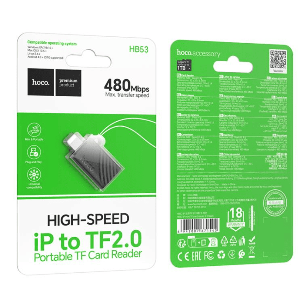 Lector Tarjetas Hoco HB53 iP Mini MicroSD TF Card Reader Gris