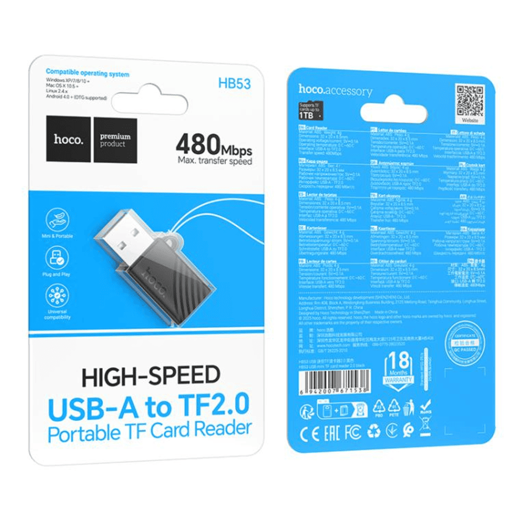 Lector Tarjetas Hoco HB53 USB Mini MicroSD TF Reader Negro