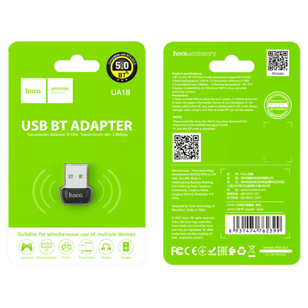 Adaptador Hoco UA18 USB Dongle Bluetooth Inalambrico Negro