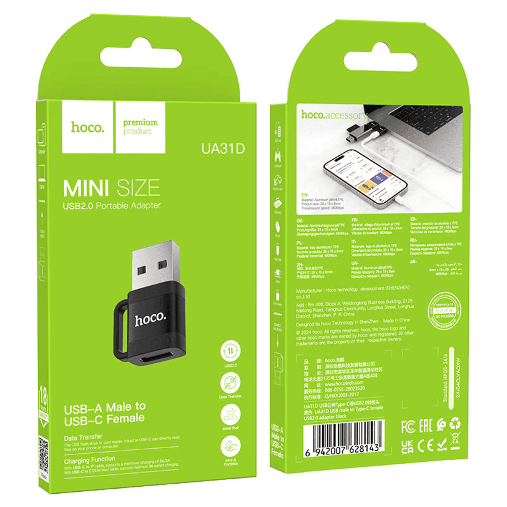 Adaptador Hoco UA31D Convertidor USB Macho a Tipo-C Hembra Negro