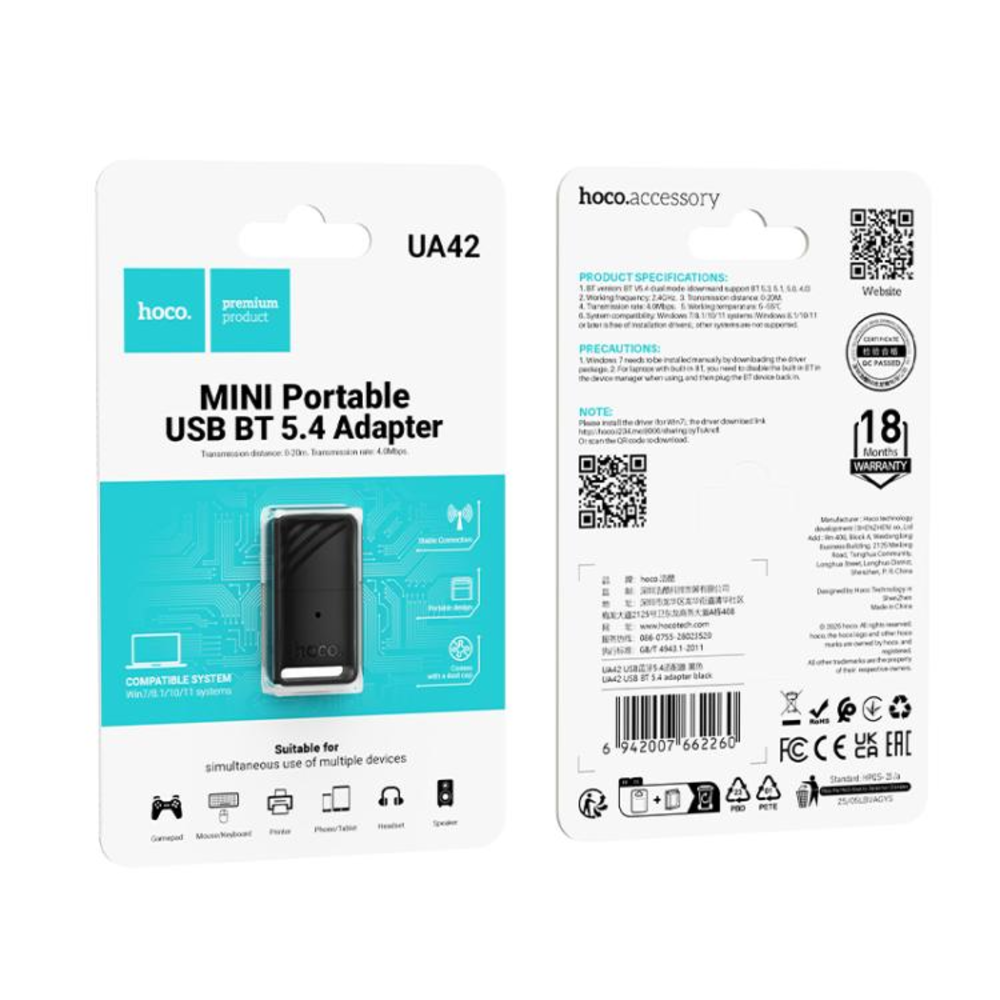 Adaptador Hoco UA42 USB Dongle Bluetooth 5.4 Inalambrico Negro