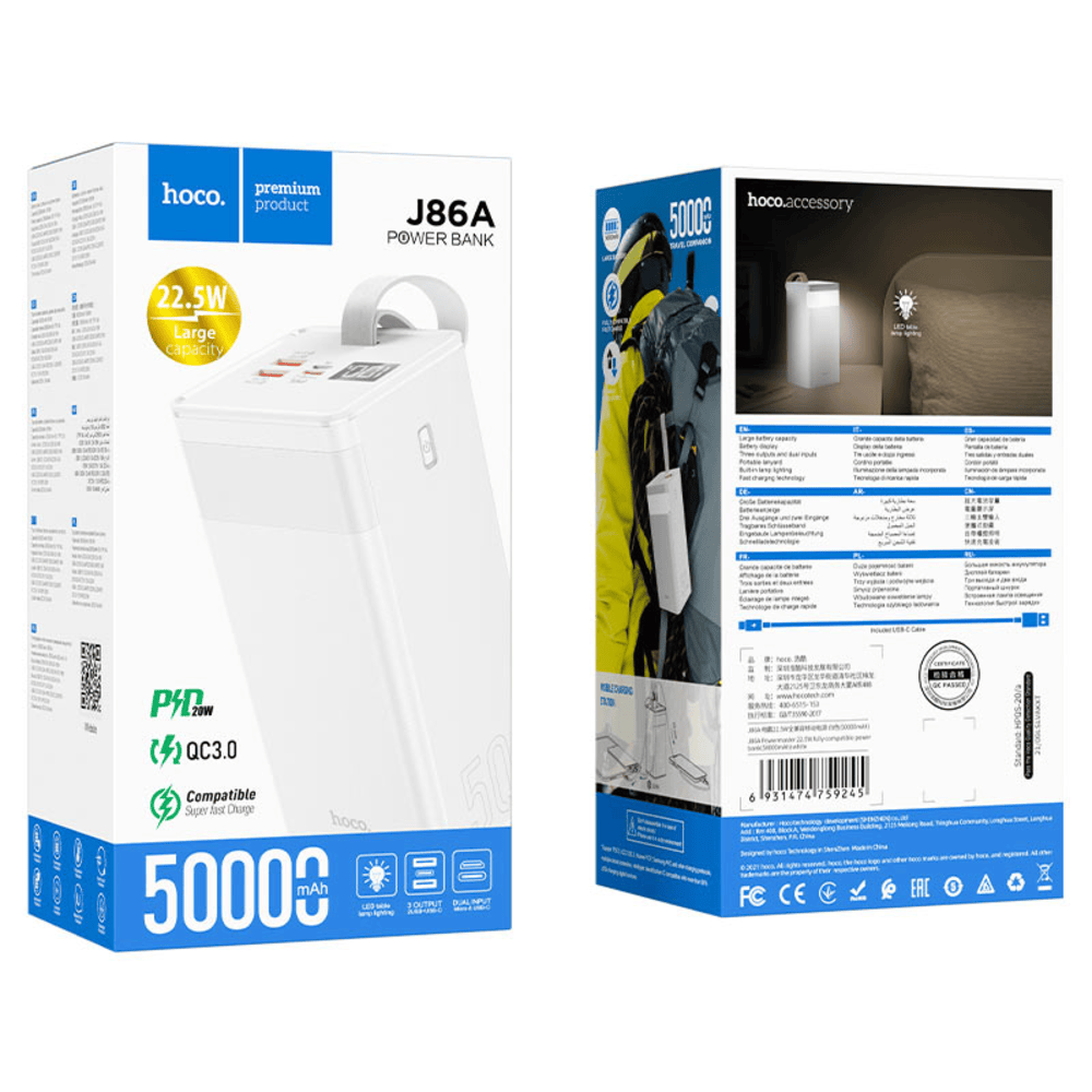 Power Bank 50000mAh Hoco J86A Pantalla digital LED Blanco