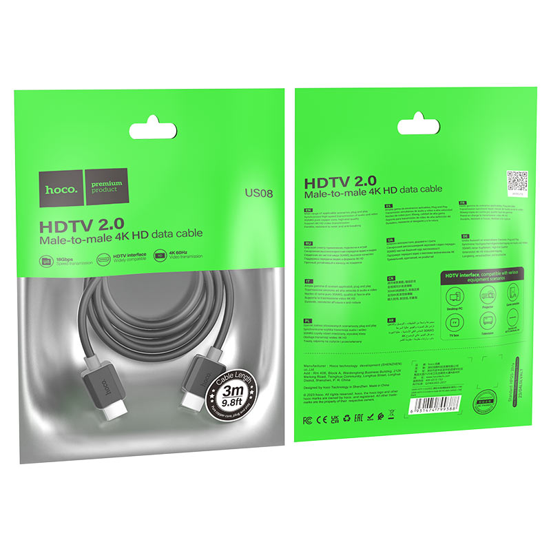 Cable Hoco US08 HDMI a HDMI 4K Alta Velocidad 3m Negro