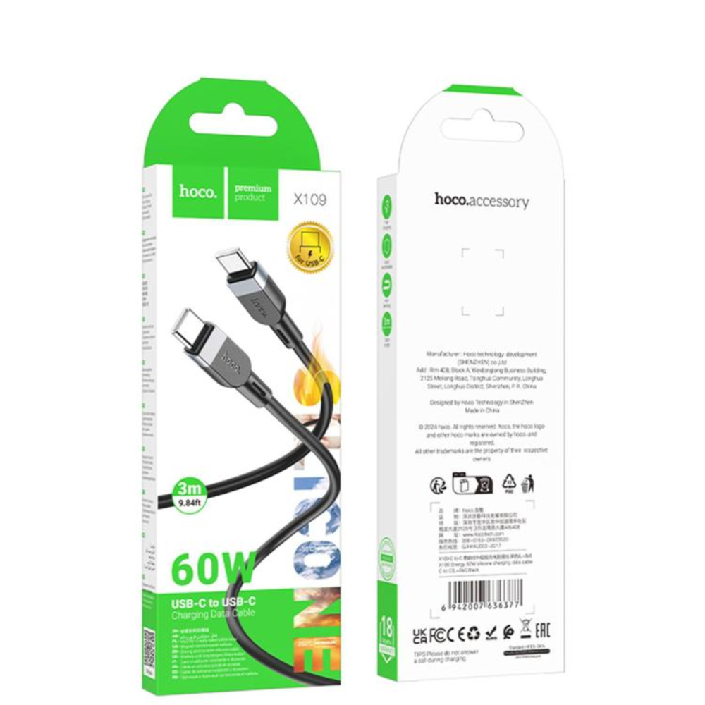 Cable Hoco X109 Energy Silicona Tipo-C a Tipo-C 60W 3m Negro