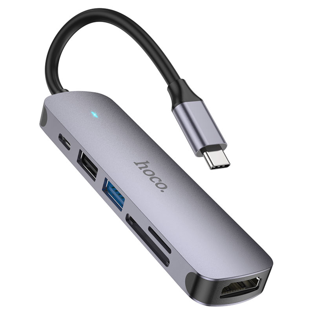 Hub AdaptadorHoco HB28 Tipo-C a HDMI USB SD TF PD Multi Gris