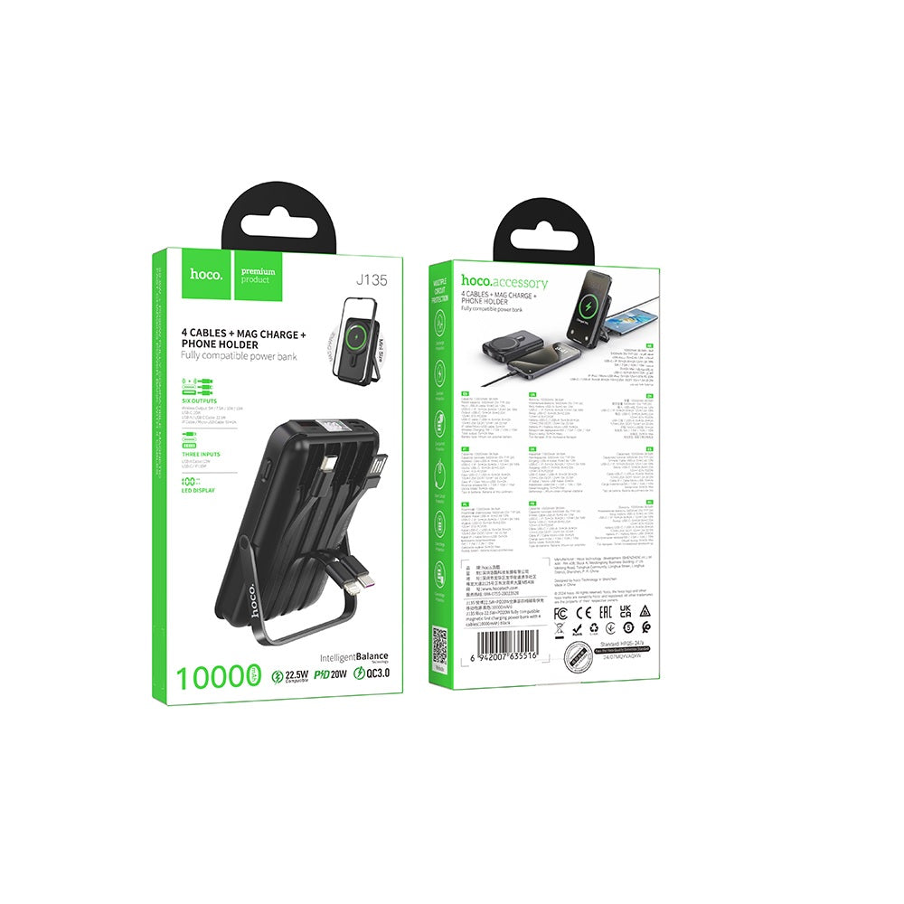 Power Bank Magnetico 10000mAh 4 Cables 22.5W HOCO J135 Negro