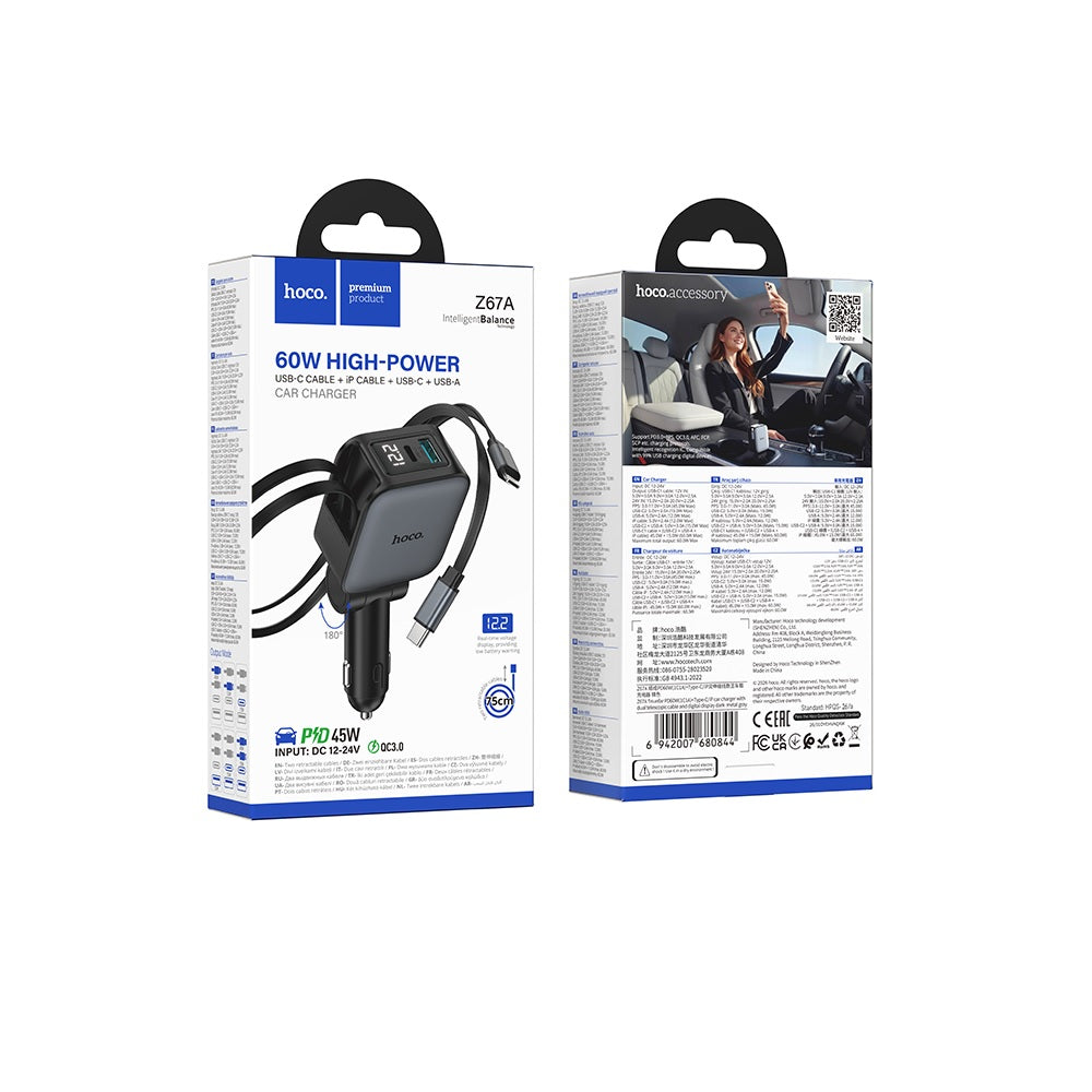 Cargador De Auto Carga Rapida 60W Cable Retractil HOCO Z67A