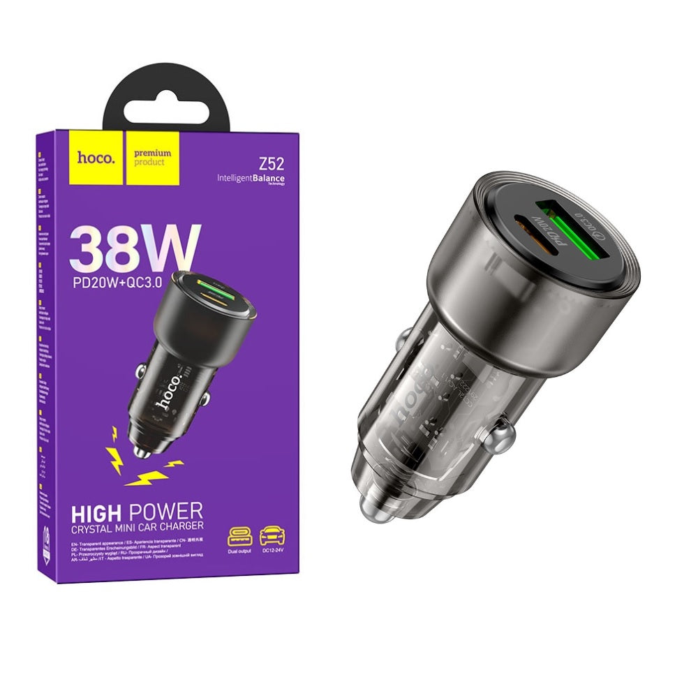 Cargador De Auto Carga Rapida 38W USB Type C Carga HOCO Z52