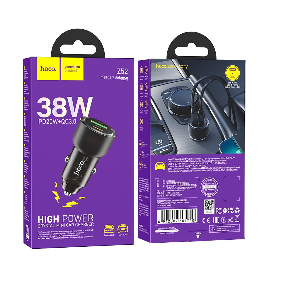 Cargador De Auto Carga Rapida 38W USB Type C Carga HOCO Z52