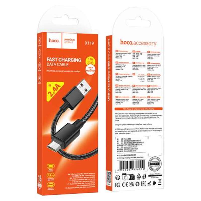 Cable Hoco X119 Energy Micro USB Carga Datos Negro