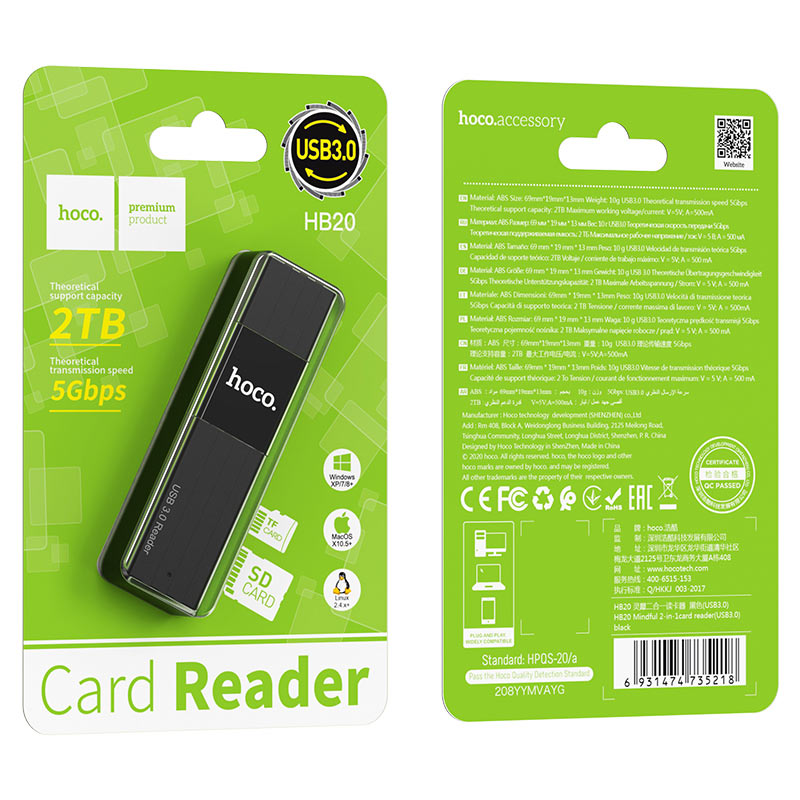 Lector Tarjetas SD TF USB 3.0 5Gbps Hoco HB20 2en1 Negro