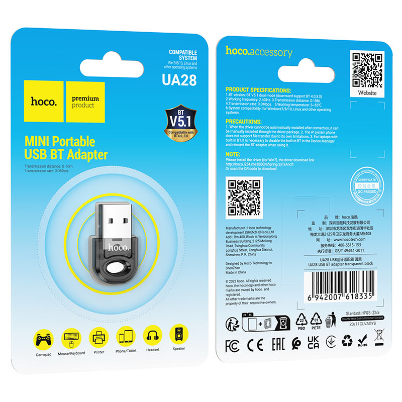 Adaptador Hoco UA28 USB Dongle Bluetooth Inalambrico Negro