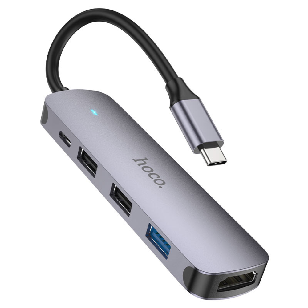 Hub AdaptadorHoco HB27 Tipo-C a HDMI USB 3.0 2.0 PD Gris