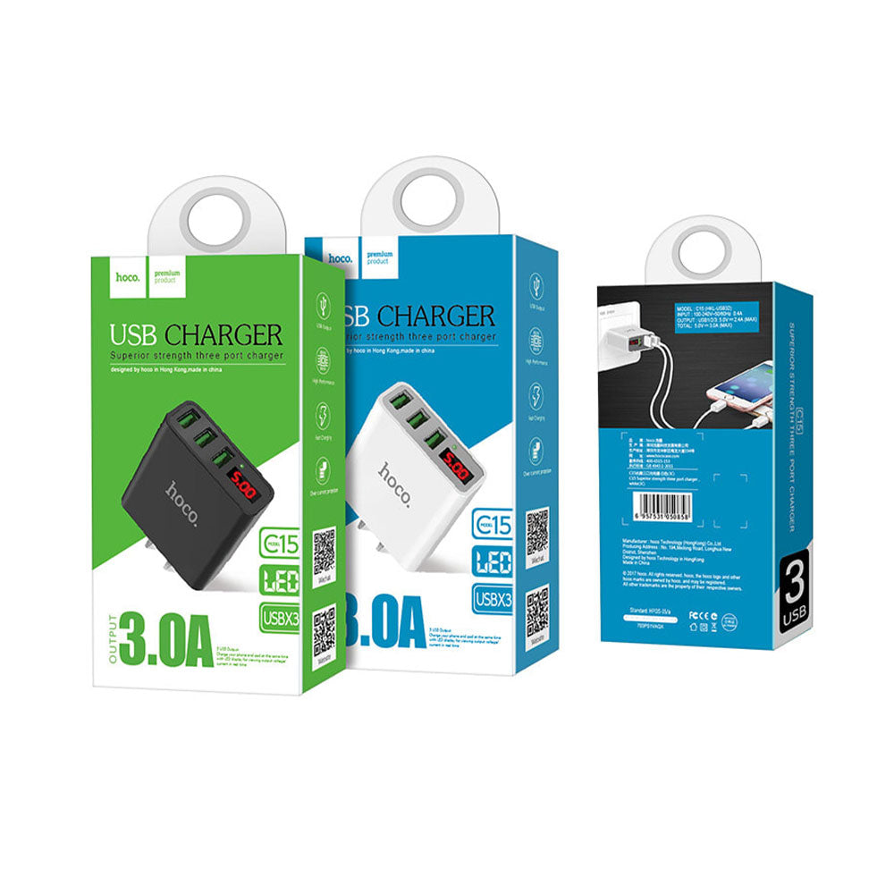 Cargador Tres Puertos USB Hoco C15 3.0A Carga rápida Blanco